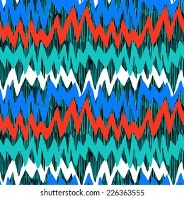 Striped  hand painted pattern with brushstrokes and zigzag lines with ethnic and tribal motifs in bright various colors red, blue, white, jade, green. Seamless vector for summer spring fashion