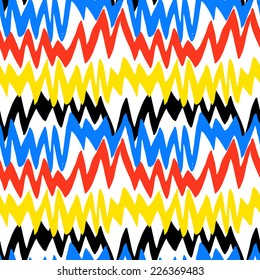 Striped  hand painted pattern with brushstrokes and zigzag lines with ethnic and tribal motifs in bright various colors black, white, blue, tomato red, yellow Seamless vector for summer spring fashion