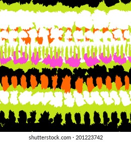 Striped hand painted vector seamless pattern with ethnic and tribal motifs in multiple bright colors (lime green, orange, black, white, pink, orange) for summer fall fashion
