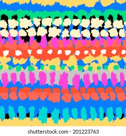 Striped hand painted vector seamless pattern with ethnic and tribal motifs in multiple bright colors (yellow, blue, aqua green, pink, orange, black) for summer fall fashion