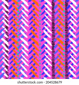 Striped hand painted vector seamless pattern with ethnic and tribal motifs, zigzag lines in multiple bright colors for summer fall fashion