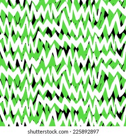 Striped hand painted vector seamless pattern with ethnic and tribal motifs, zigzag lines and brushstrokes in bright green, black and white colors for summer fall fashion
