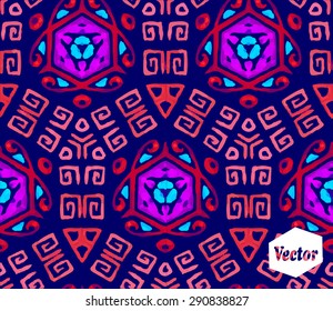 Striped hand painted vector seamless pattern with ethnic and tribal motifs, zigzag lines, brushstrokes and splatters of paint in multiple bright colors. Vector illustration
