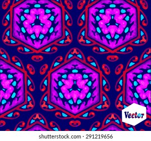 Striped hand painted vector seamless pattern with ethnic and tribal motifs, zigzag lines, brushstrokes and splatters of paint in multiple bright colors. Vector illustration