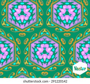 Striped hand painted vector seamless pattern with ethnic and tribal motifs, zigzag lines, brushstrokes and splatters of paint in multiple bright colors. Vector illustration