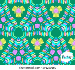Striped hand painted vector seamless pattern with ethnic and tribal motifs, zigzag lines, brushstrokes and splatters of paint in multiple bright colors. Vector illustration