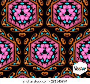 Striped hand painted vector seamless pattern with ethnic and tribal motifs, zigzag lines, brushstrokes and splatters of paint in multiple bright colors. Vector illustration