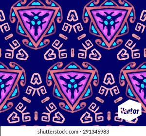 Striped hand painted vector seamless pattern with ethnic and tribal motifs, zigzag lines, brushstrokes and splatters of paint in multiple bright colors. Vector illustration