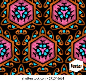 Striped hand painted vector seamless pattern with ethnic and tribal motifs, zigzag lines, brushstrokes and splatters of paint in multiple bright colors. Vector illustration