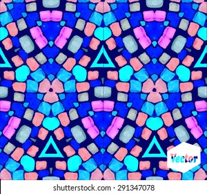 Striped hand painted vector seamless pattern with ethnic and tribal motifs, zigzag lines, brushstrokes and splatters of paint in multiple bright colors. Vector illustration
