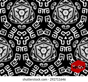 Striped hand painted vector seamless pattern with ethnic and tribal motifs, zigzag lines, brushstrokes and splatters of paint in multiple bright colors. Vector illustration
