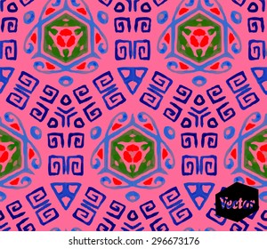 Striped hand painted vector seamless pattern with ethnic and tribal motifs, zigzag lines, brush strokes and splatters of paint in multiple bright colors. Vector illustration