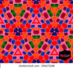 Striped hand painted vector seamless pattern with ethnic and tribal motifs, zigzag lines, brush strokes and splatters of paint in multiple bright colors. Vector illustration