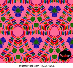 Striped hand painted vector seamless pattern with ethnic and tribal motifs, zigzag lines, brush strokes and splatters of paint in multiple bright colors. Vector illustration