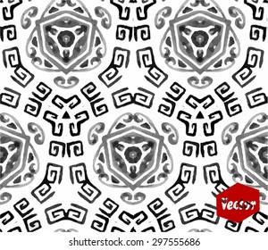 Striped hand painted vector seamless pattern with ethnic and tribal motifs, zigzag lines, brushstrokes and splatters of paint in multiple bright colors. Vector illustration
