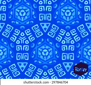 Striped hand painted vector seamless pattern with ethnic and tribal motifs, zigzag lines, brushstrokes and splatters of paint in blue bright colors. Vector illustration