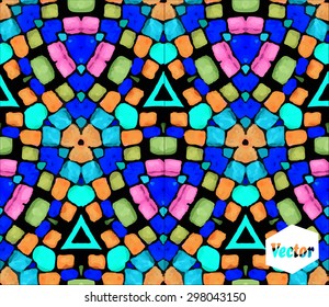 Striped hand painted vector seamless pattern with ethnic and tribal motifs, zigzag lines, brushstrokes and splatters of paint in multiple bright colors. Vector illustration