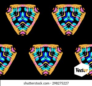 Striped hand painted vector seamless pattern with ethnic and tribal motifs, zigzag lines, brushstrokes and splatters of paint in multiple bright colors. Vector illustration