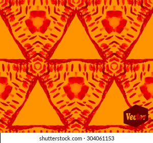 Striped hand painted vector seamless pattern with ethnic and tribal motifs, zigzag lines, brushstrokes and splatters of paint in multiple bright autumn fall colors. Vector illustration