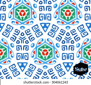 Striped hand painted vector seamless pattern with ethnic and tribal motifs, zigzag lines, brushstrokes and splatters of paint in multiple bright autumn fall colors. Vector illustration