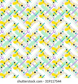 Striped hand painted vector seamless pattern with ethnic and tribal motifs, zigzag lines, brushstrokes and splatters of paint, circles and dots in soft romantic colors for summer fall sports fashion