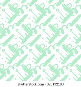 Striped hand painted vector seamless pattern with ethnic and tribal motifs, zigzag lines, brushstrokes and splatters of paint, circles and curls in green and white colors for summer fall fashion