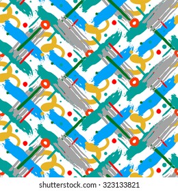 Striped hand painted vector seamless pattern with ethnic and tribal motifs, zigzag lines, brushstrokes and splatters of paint, circles and curls in blue,red, yellow colors for summer fall fashion