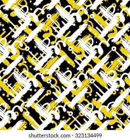 Striped hand painted vector seamless pattern with ethnic and tribal motifs, zigzag lines, brushstrokes and splatters of paint, circles and curls in black, white, yellow colors for summer fall fashion