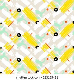Striped hand painted vector seamless pattern with ethnic and tribal motifs, zigzag lines, brushstrokes and splatters of paint, circles and curls in yellow, green, white colors for summer fall fashion