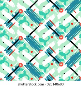 Striped hand painted vector seamless pattern with ethnic and tribal motifs, zigzag lines, brushstrokes and splatters of paint, circles and curls in green, white, red colors for summer fall fashion