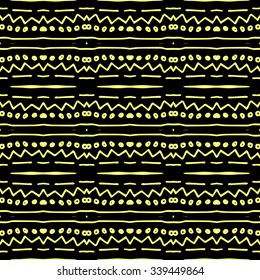 Striped hand painted vector seamless pattern with ethnic and tribal motifs, zigzag lines, brushstrokes and splatters of paint in multiple bright colors. Porcelain tile. Vector illustration.