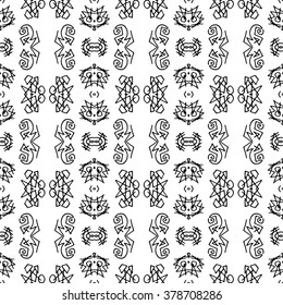 Striped hand painted vector seamless pattern with ethnic and tribal motifs, zigzag lines, brushstrokes paint in monochrome colors. Vector seamless pattern hand drawn. Repeating geometric mesh tiles