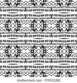 Striped hand painted vector seamless pattern with ethnic and tribal motifs, zigzag lines, brushstrokes paint in monochrome colors. Vector seamless pattern hand drawn. Repeating geometric mesh tiles