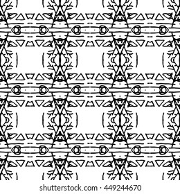 Striped hand painted vector seamless pattern with ethnic and tribal motifs, zigzag lines, brushstrokes paint in monochrome colors. Vector seamless pattern hand drawn. Repeating geometric mesh tiles
