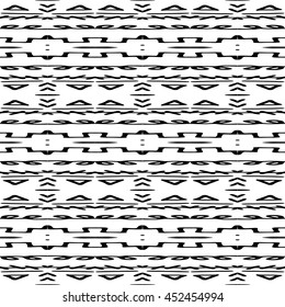 Striped hand painted vector seamless pattern with ethnic and tribal motifs, zigzag lines, brushstrokes paint in monochrome colors. Vector seamless pattern hand drawn. Repeating geometric mesh tiles