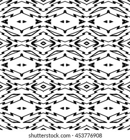 Striped hand painted vector seamless pattern with ethnic and tribal motifs, zigzag lines, brushstrokes paint in monochrome colors. Vector seamless pattern hand drawn. Repeating geometric mesh tiles