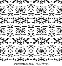 Striped hand painted vector seamless pattern with ethnic and tribal motifs, zigzag lines, brushstrokes paint in monochrome colors. Vector seamless pattern hand drawn. Repeating geometric mesh tiles
