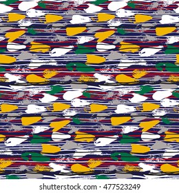 Striped hand painted vector seamless pattern with ethnic and tribal motifs, thin lines, brushstrokes and splatters of paint in multiple bright colors for summer fall fashion