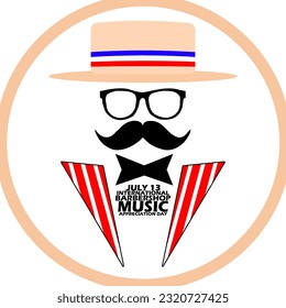 Striped hat, glasses, mustache, bow tie and collar icon with bold text in circle frame on white background to commemorate National Barbershop Music Appreciation Day on July 13