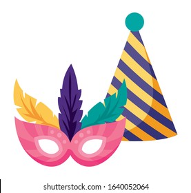 Striped hat and mask with feathers design, Party celebration event happy birthday holiday surprise anniversary and decorative theme. Vector illustration