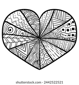 Striped heart with different doodle patterns, abstract coloring page vector illustration for creative activity