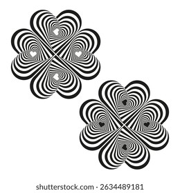 Motif de coeur rayé. Illusion de tourbillon optique. Image vectorielle noir et blanc. Abstrait amour design.