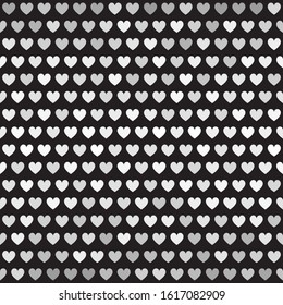Striped heart pattern. Seamless vector background - gray, silver and white hearts on black backdrop