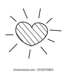 A striped heart with rays like the sun. Clip art hand draw illustration.