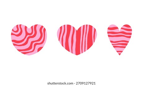 Striped Heart Shape Set. Modern minimal textured love symbols. Trendy hand drawn Valentine template collection. Flat vector illustration