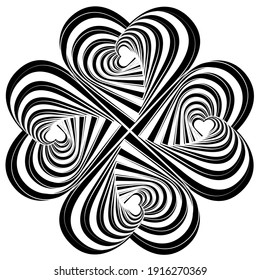 Striped hearts complicated swirl rotation illusion background. Abstract striped distortion twisted backdrop. Vector-art layered illustration.