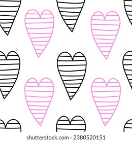 Striped hearts doodle seamless pattern. Modern textured background in hand drawn style for valentines day, greeting card, fabric, textile. Vector illustration