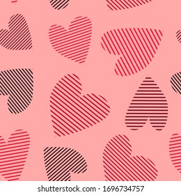 Striped hearts. Seamless pattern, design of fabric, wrapping paper, wallpaper, background. Shades of red and black, vector.