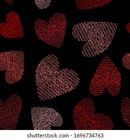 Striped hearts. Seamless pattern, design of fabric, wrapping paper, wallpaper, background. Shades of red and black, vector.