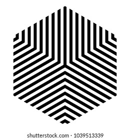 Striped hexagon in black and white, monochrome isometric cube